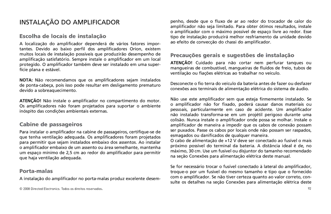 Directed Audio XTR5004 Instalação do Amplificador, Escolha de locais de instalação, Cabine de passageiros, Porta-malas 