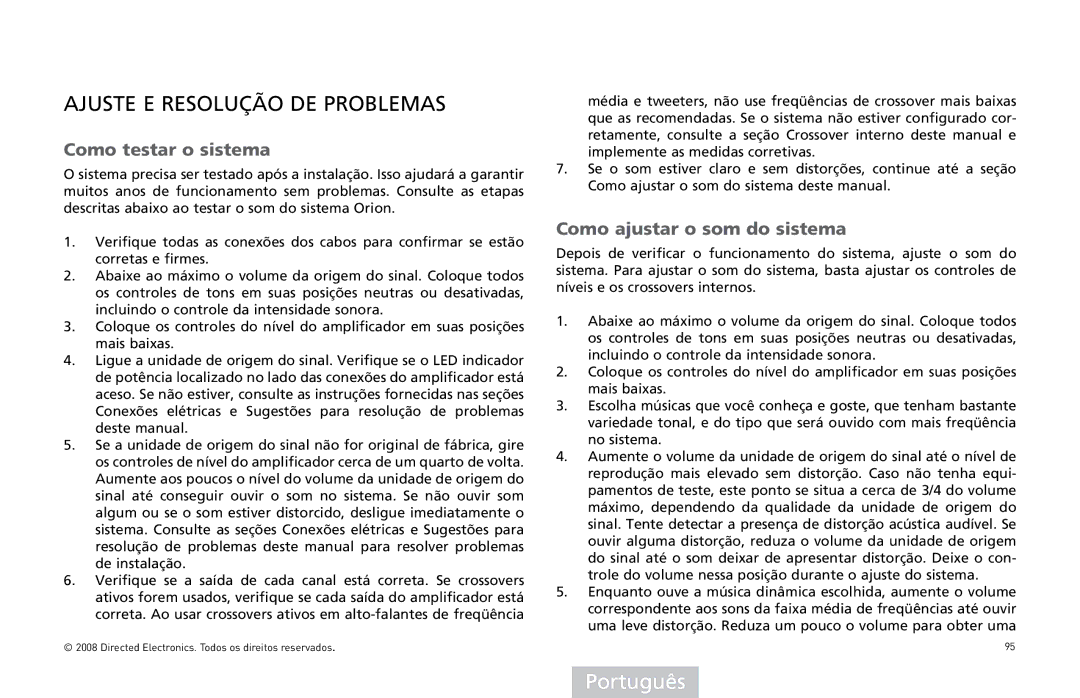 Directed Audio XTR2504, XTR5004 Ajuste E Resolução DE Problemas, Como testar o sistema, Como ajustar o som do sistema 