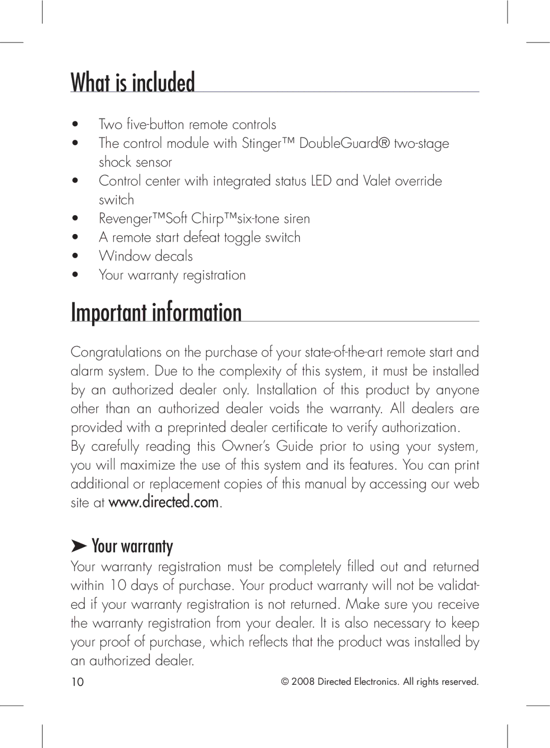 Directed Electronics 2.2 manual What is included, Important information, Your warranty 