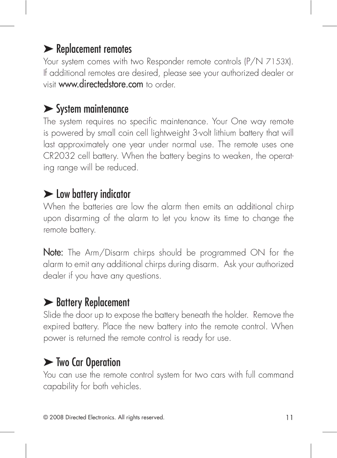 Directed Electronics 2.2 manual Replacement remotes, System maintenance, Low battery indicator, Battery Replacement 