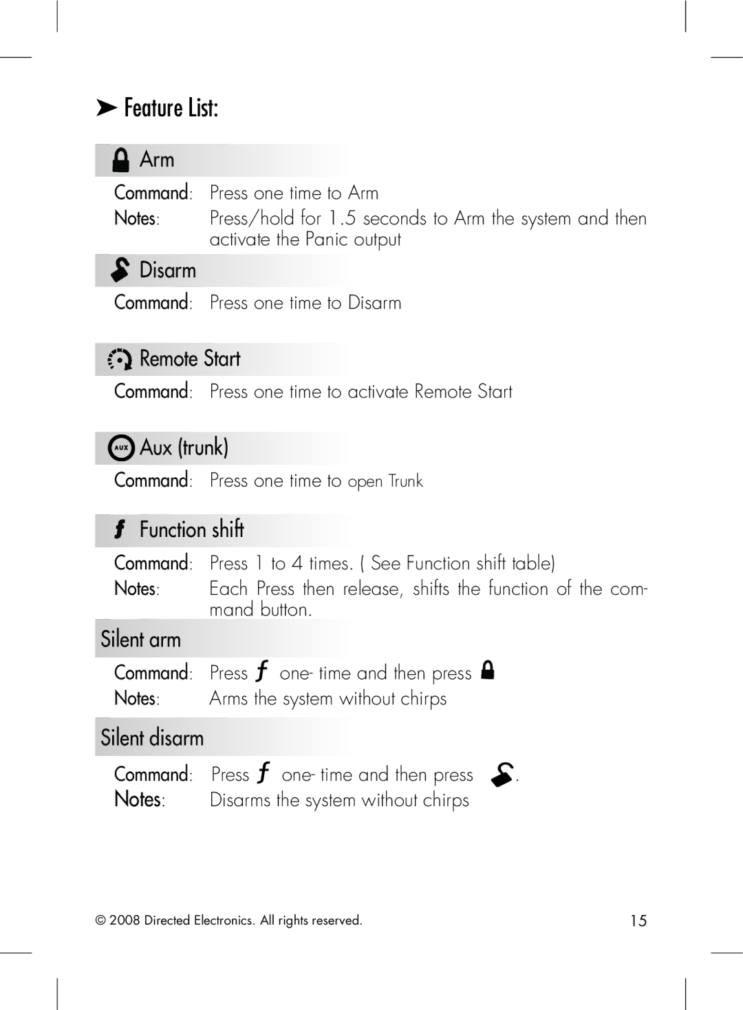 Directed Electronics 2.2 manual Feature List 