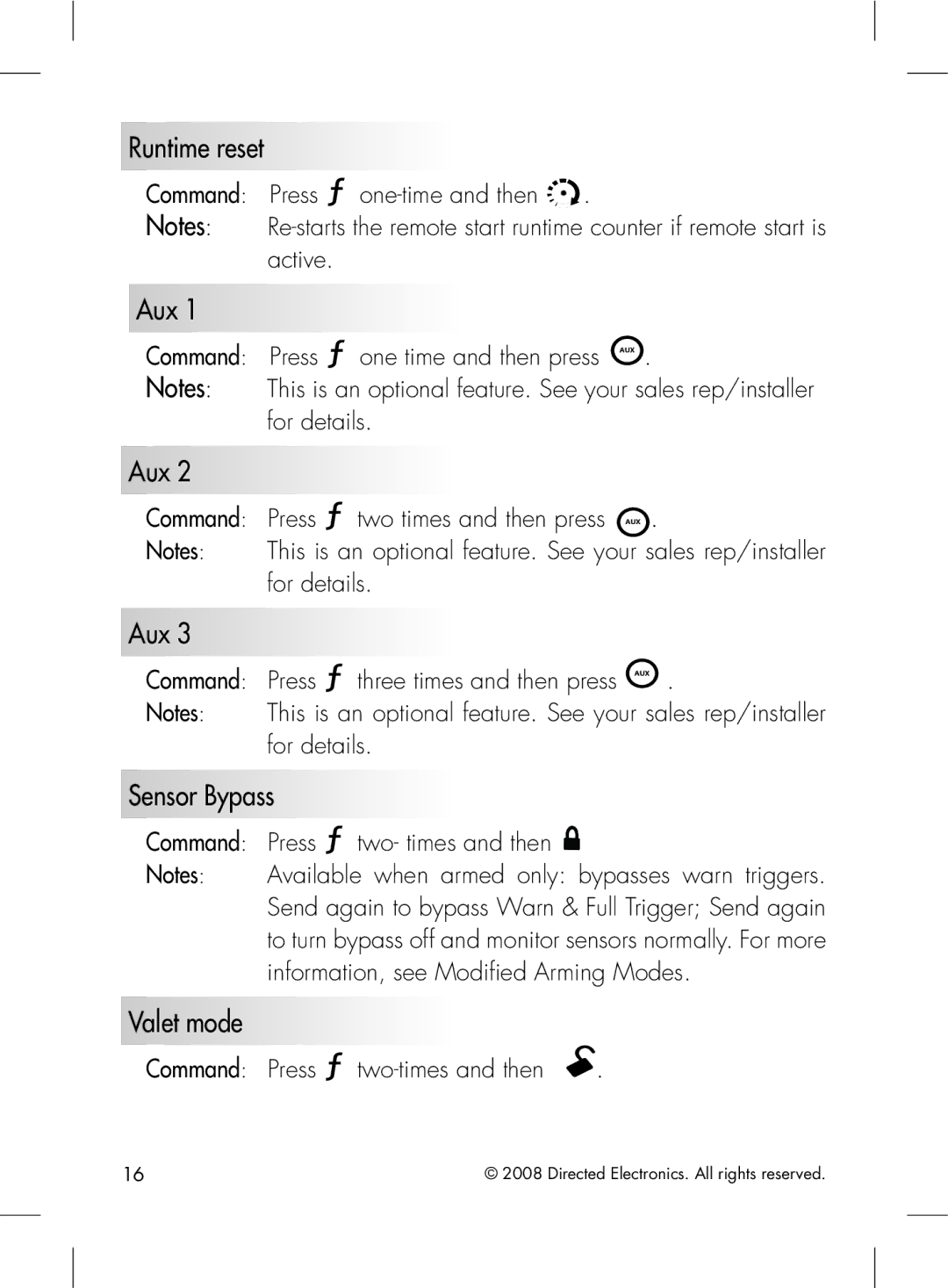 Directed Electronics 2.2 manual Runtime reset, Aux, Sensor Bypass, Valet mode 