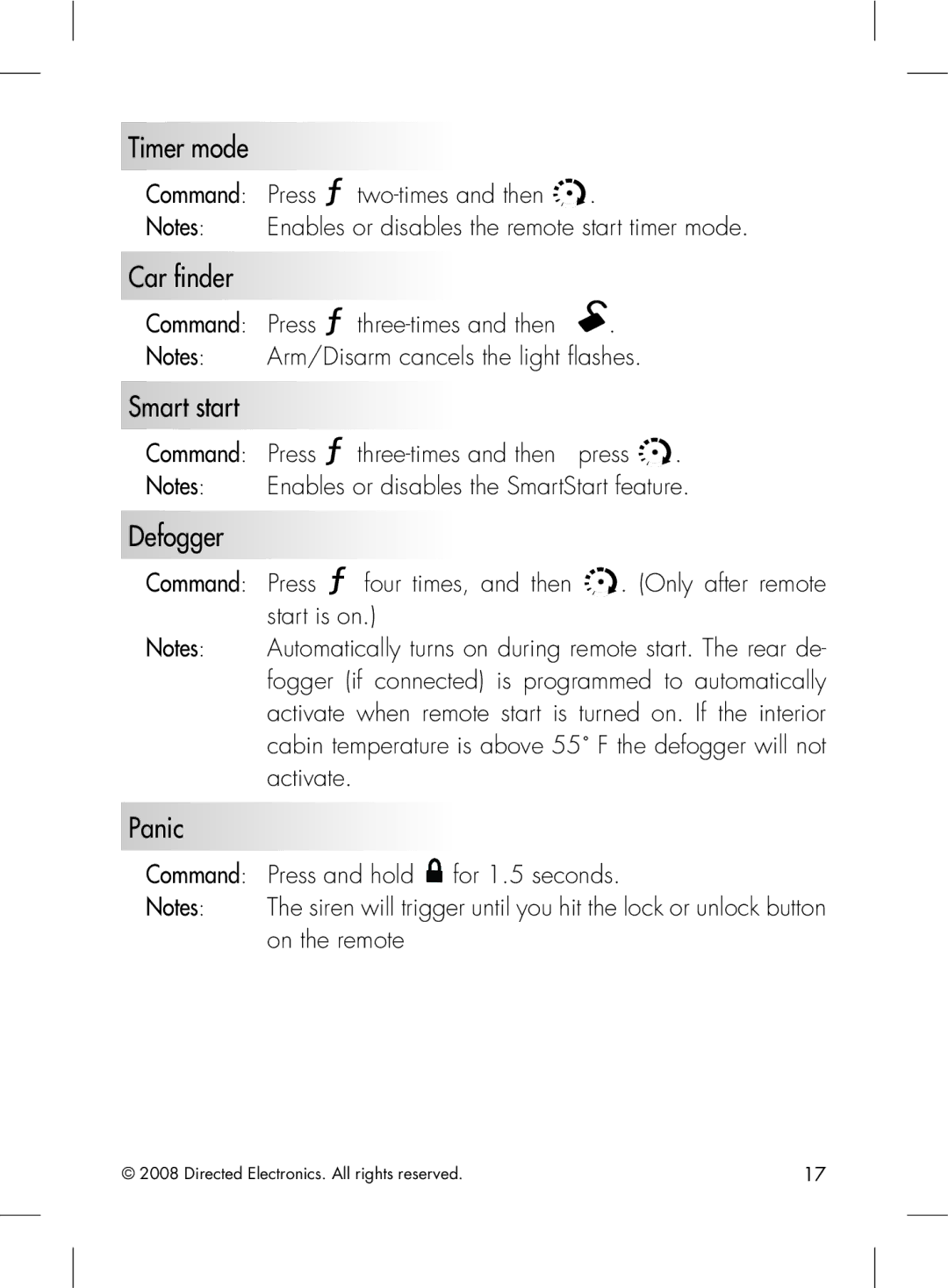 Directed Electronics 2.2 manual Timer mode, Car finder, Smart start, Defogger, Panic 