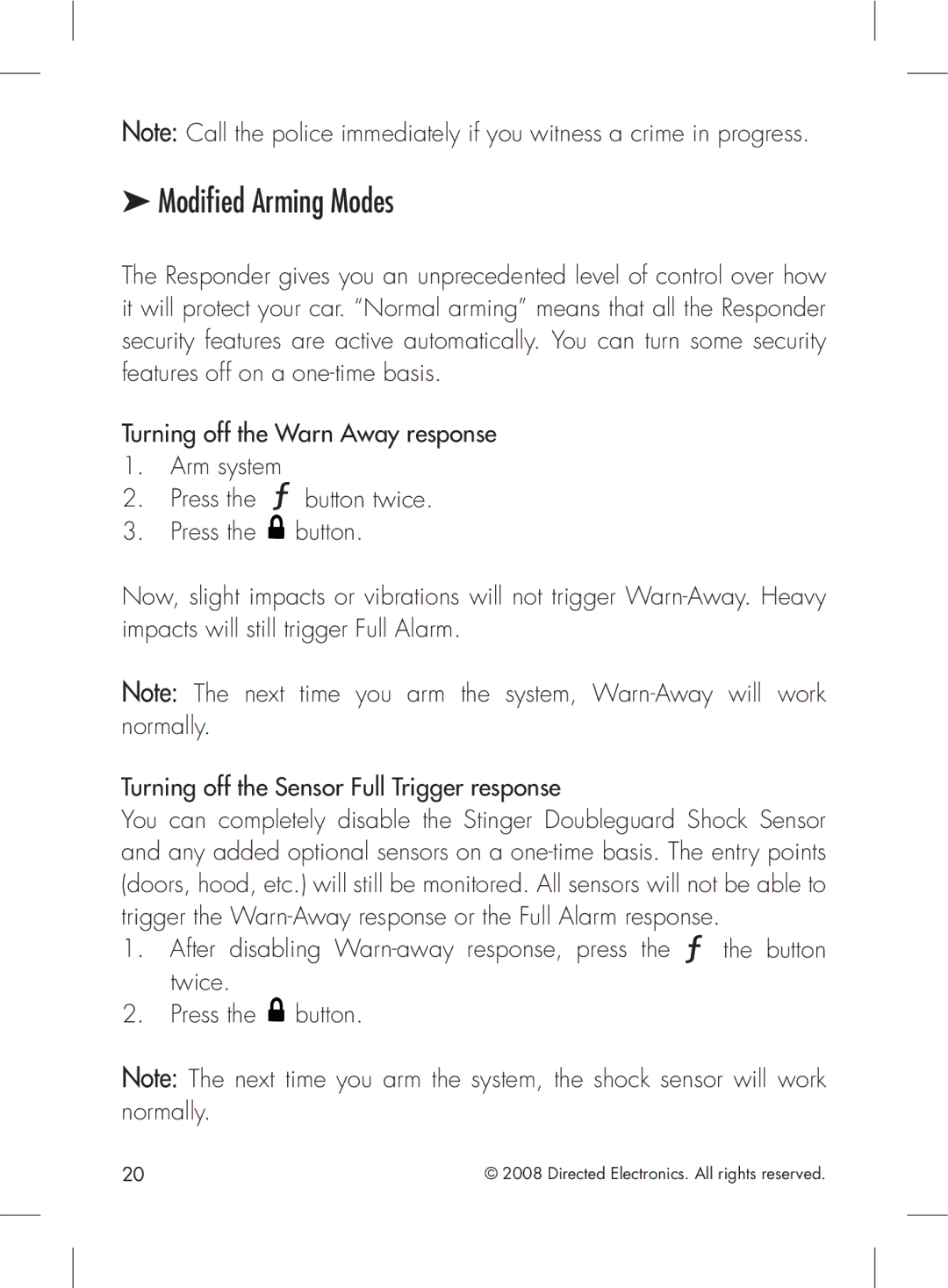 Directed Electronics 2.2 manual Modified Arming Modes 