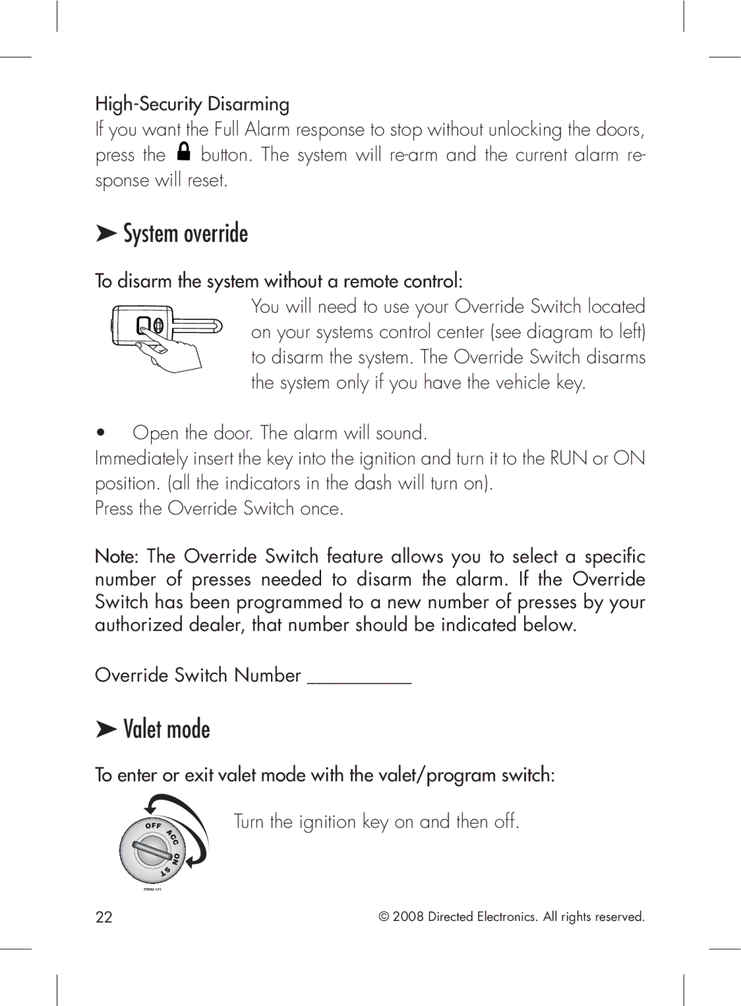 Directed Electronics 2.2 manual System override, Valet mode 