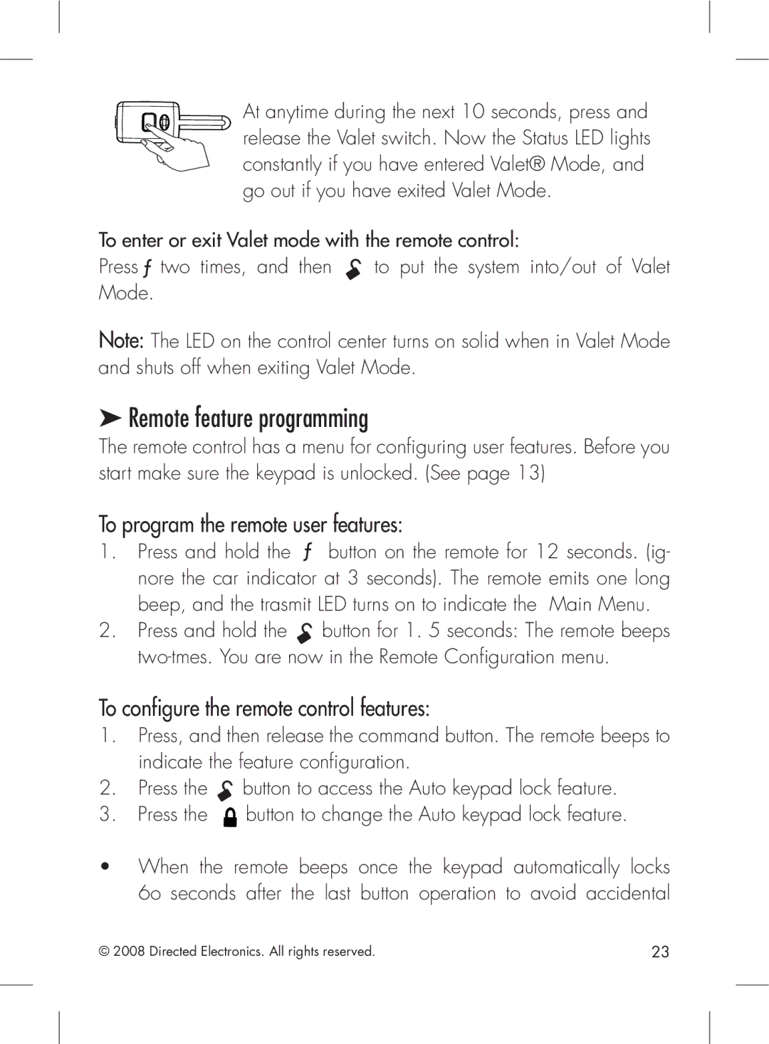 Directed Electronics 2.2 manual Remote feature programming, To program the remote user features 