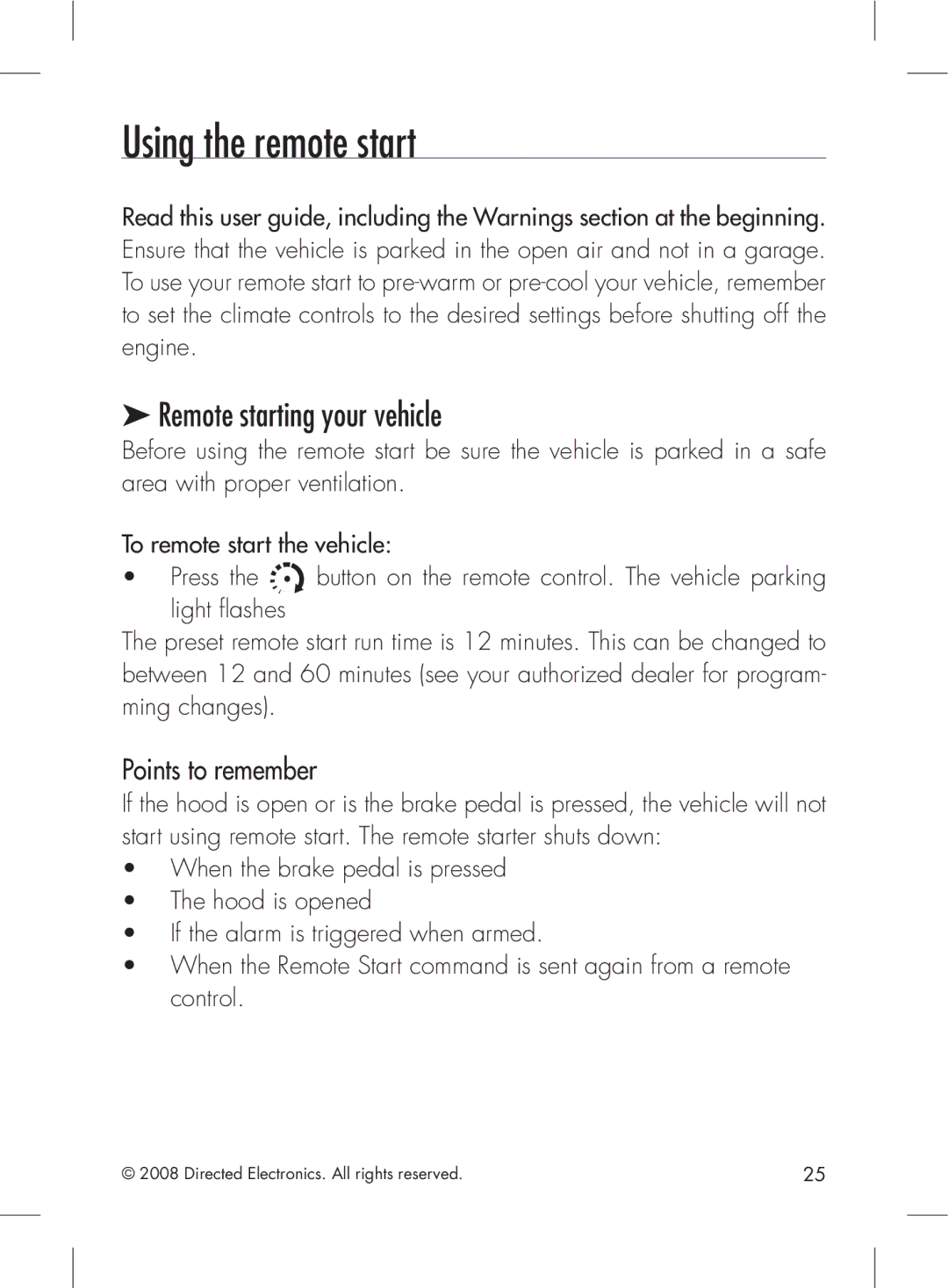 Directed Electronics 2.2 manual Using the remote start, Remote starting your vehicle, Points to remember 