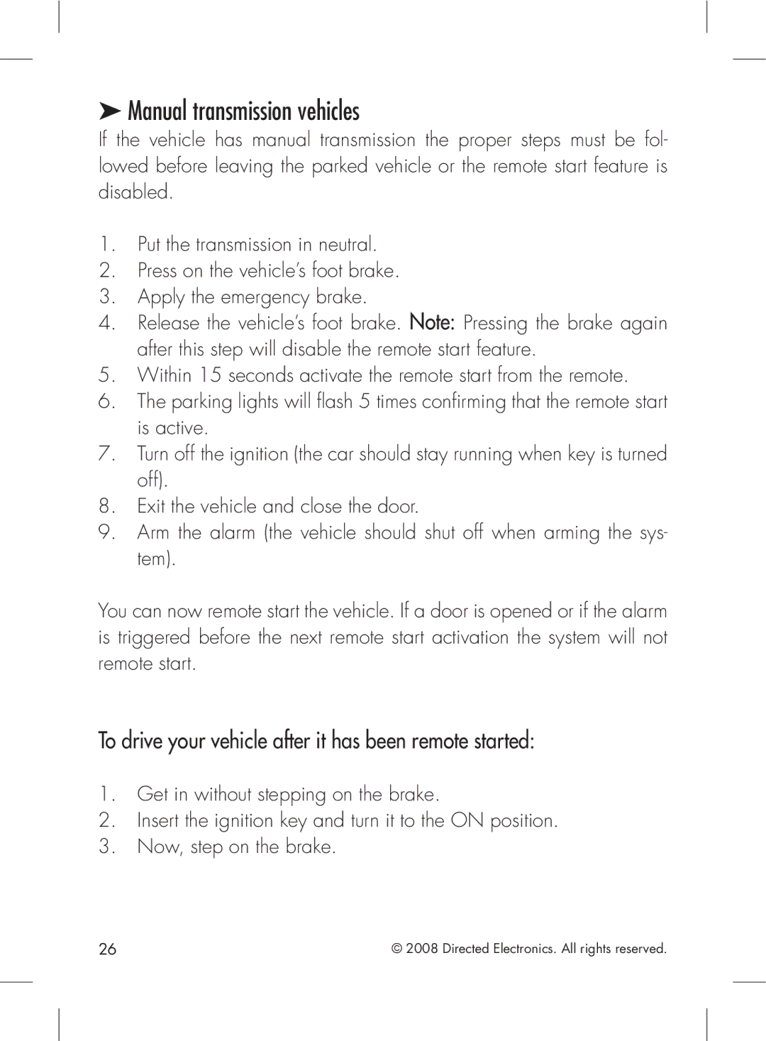 Directed Electronics 2.2 manual Manual transmission vehicles, To drive your vehicle after it has been remote started 