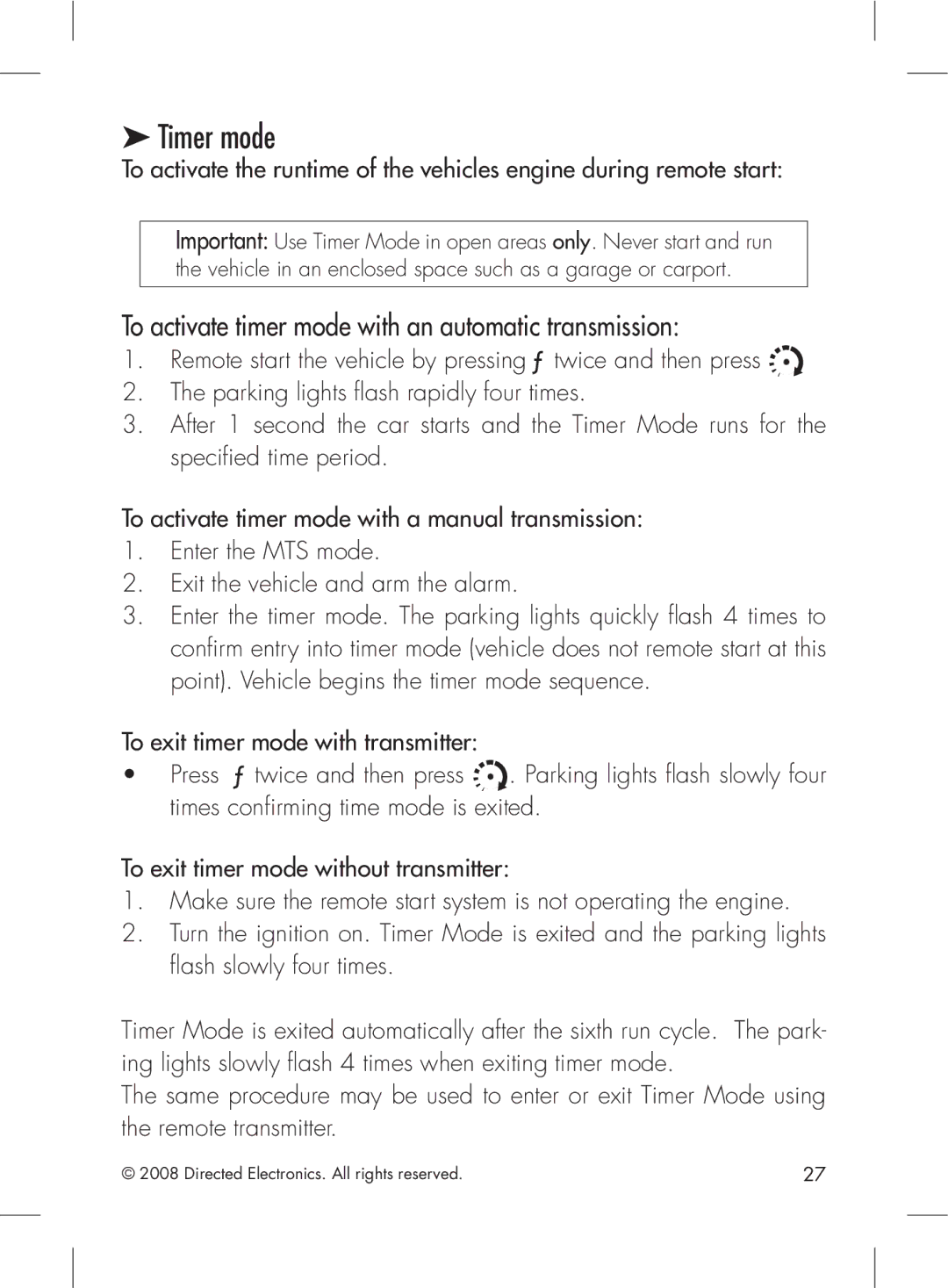 Directed Electronics 2.2 manual Timer mode, To activate timer mode with an automatic transmission 