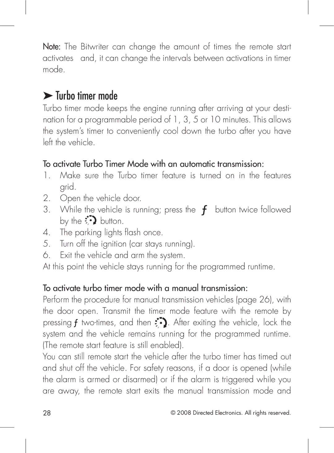 Directed Electronics 2.2 manual Turbo timer mode 