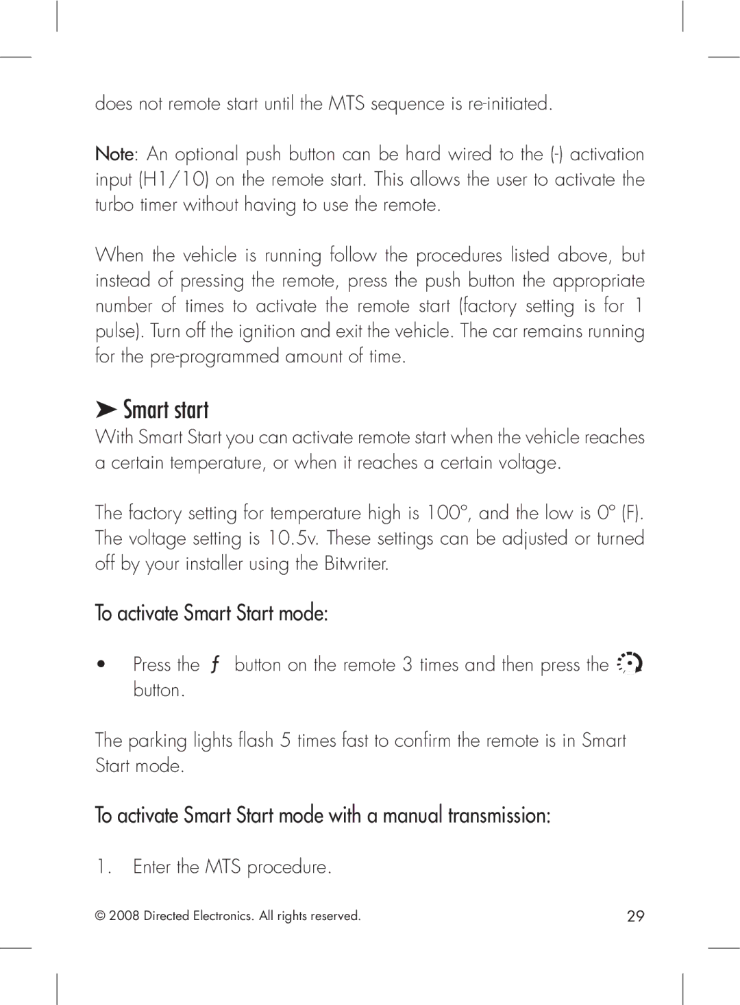 Directed Electronics 2.2 manual Smart start, To activate Smart Start mode 