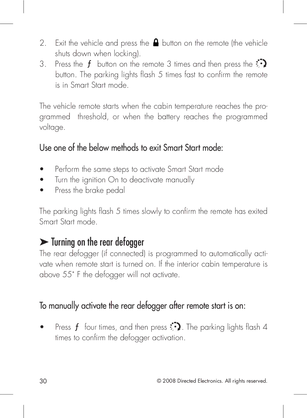 Directed Electronics 2.2 manual Turning on the rear defogger, Use one of the below methods to exit Smart Start mode 