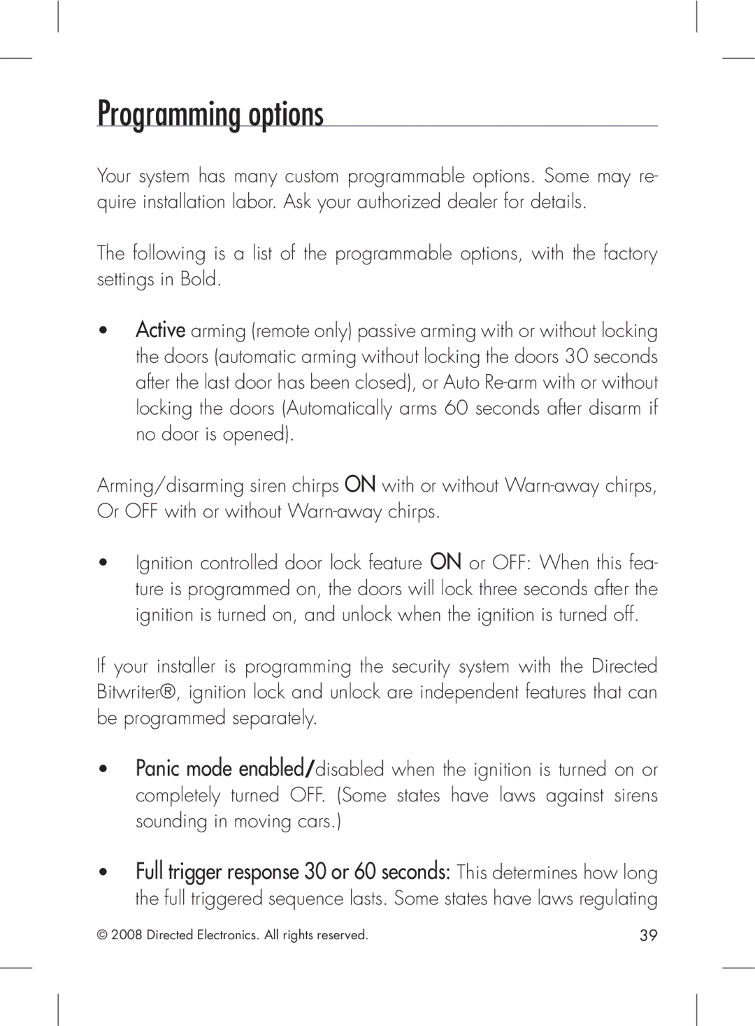 Directed Electronics 2.2 manual Programming options 