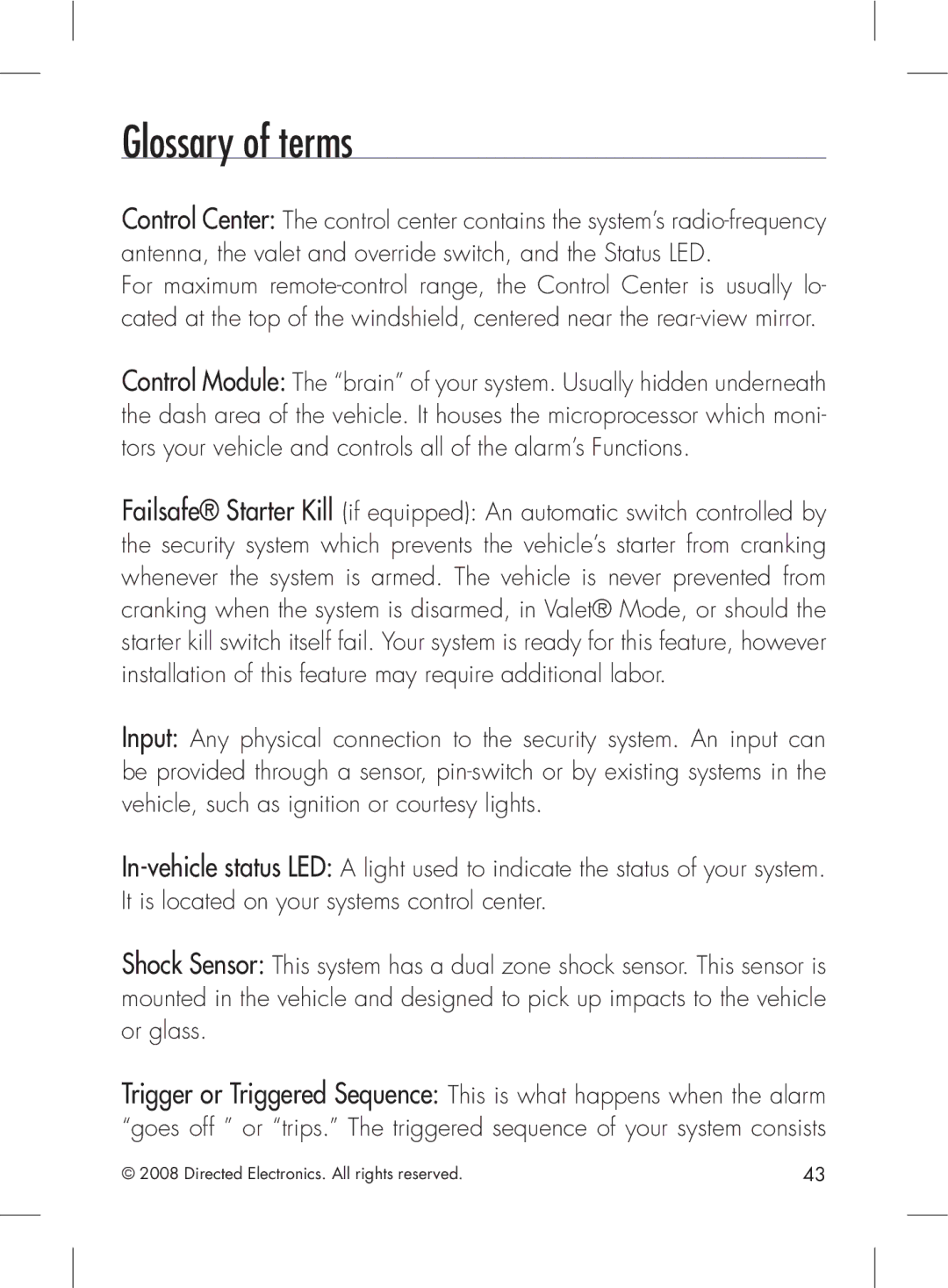 Directed Electronics 2.2 manual Glossary of terms 