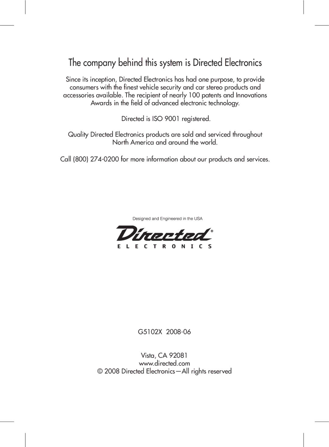 Directed Electronics 2.2 manual Company behind this system is Directed Electronics 