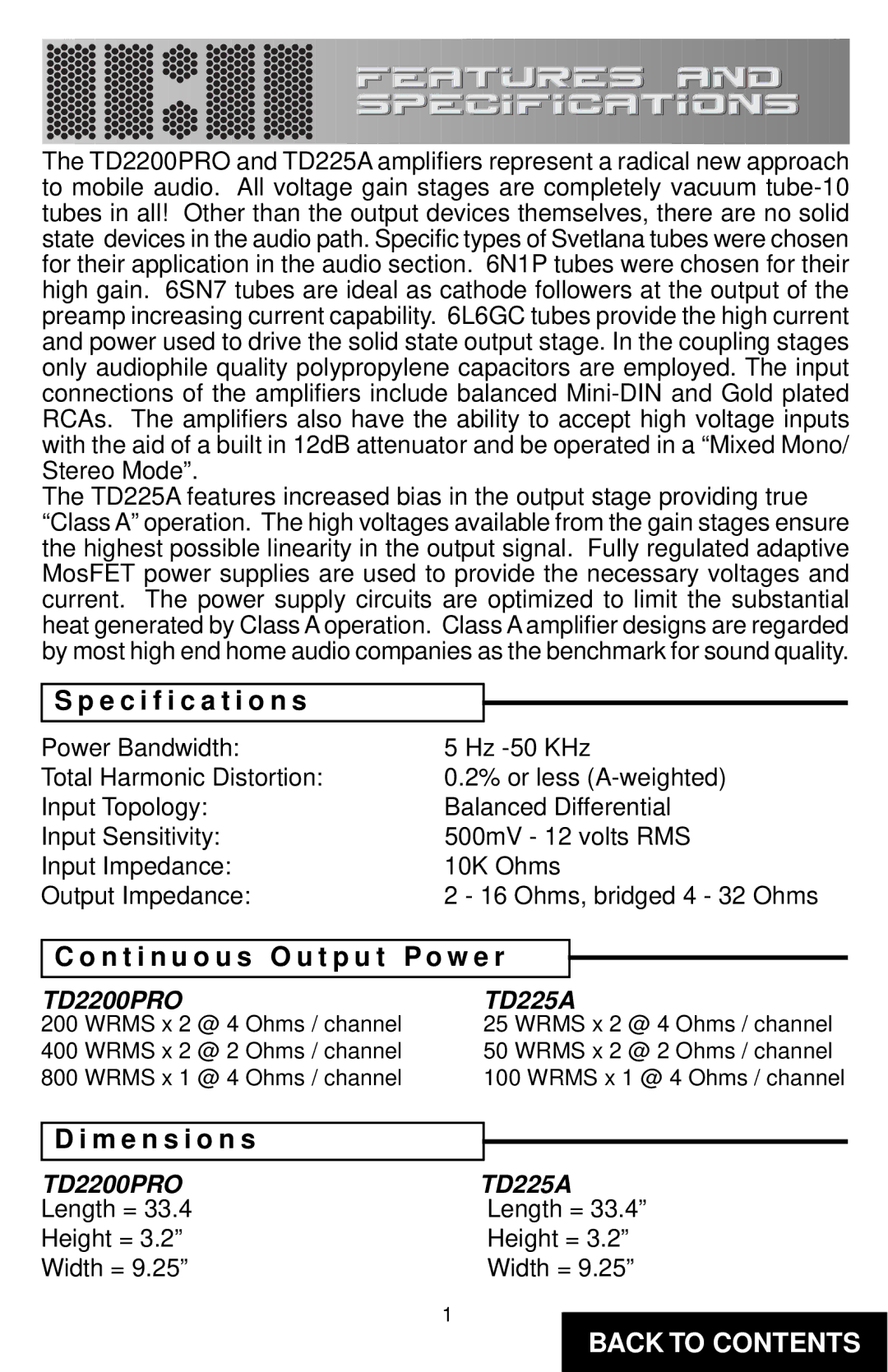 Directed Electronics TD2200, 225A specifications Specification s, N t i n u o u s O u t p u t P o w e r, M e n s i o n s 