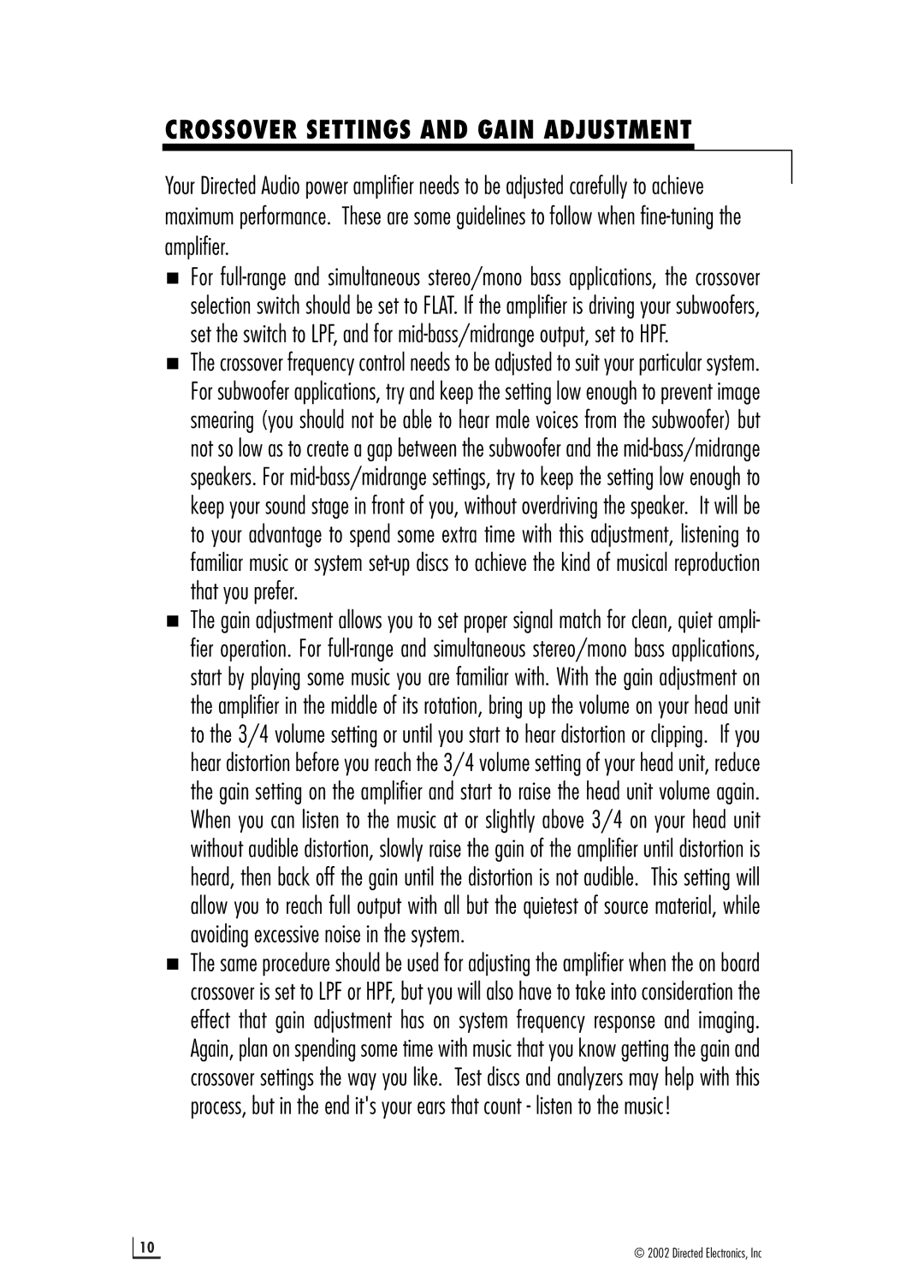 Directed Electronics 2400 manual Crossover Settings and Gain Adjustment 