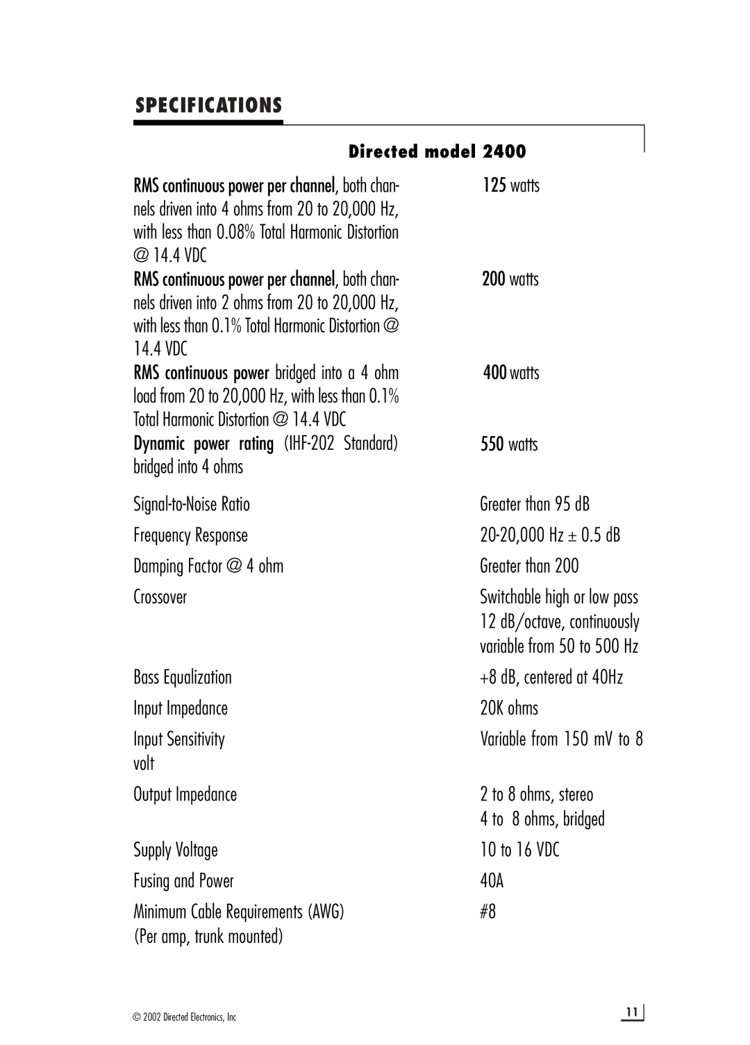 Directed Electronics 2400 manual Specifications, Watts 