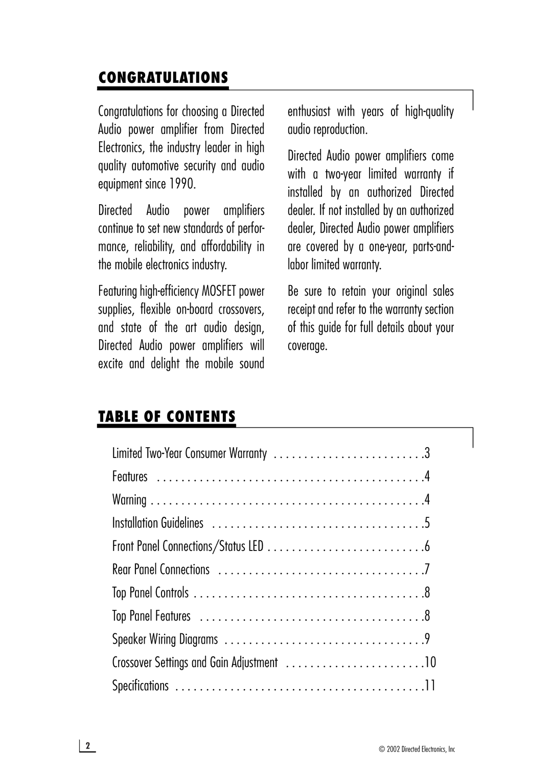 Directed Electronics 2400 manual Congratulations, Table of Contents 