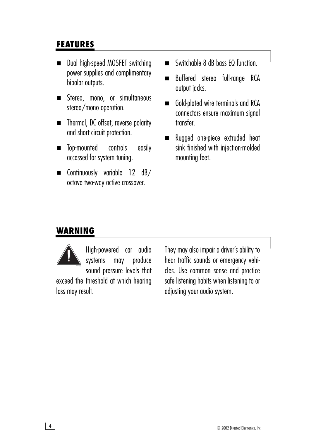 Directed Electronics 2400 manual Features, „ Switchable 8 dB bass EQ function 