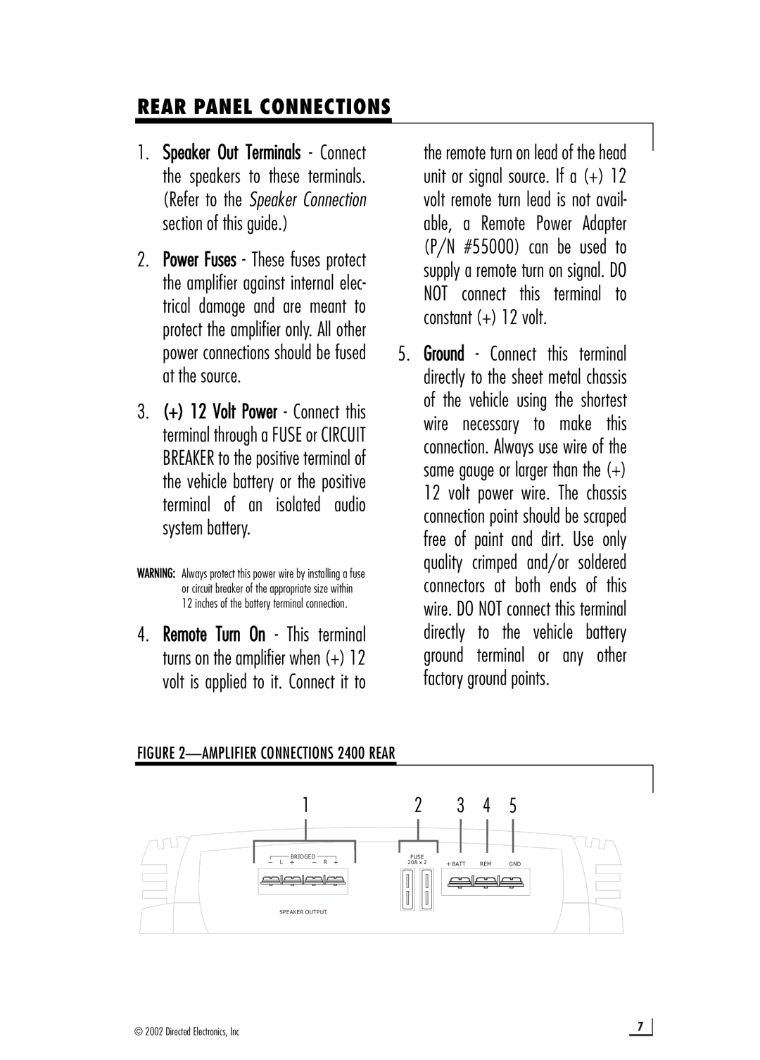 Directed Electronics manual Rear Panel Connections, Amplifier Connections 2400 Rear 