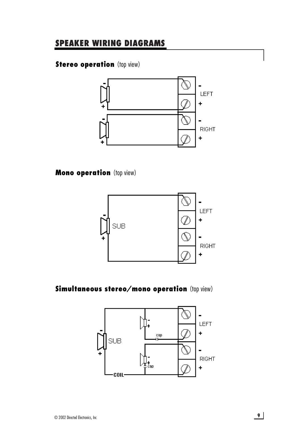 Directed Electronics 2400 manual Speaker Wiring Diagrams, Stereo operation top view Mono operation top view 