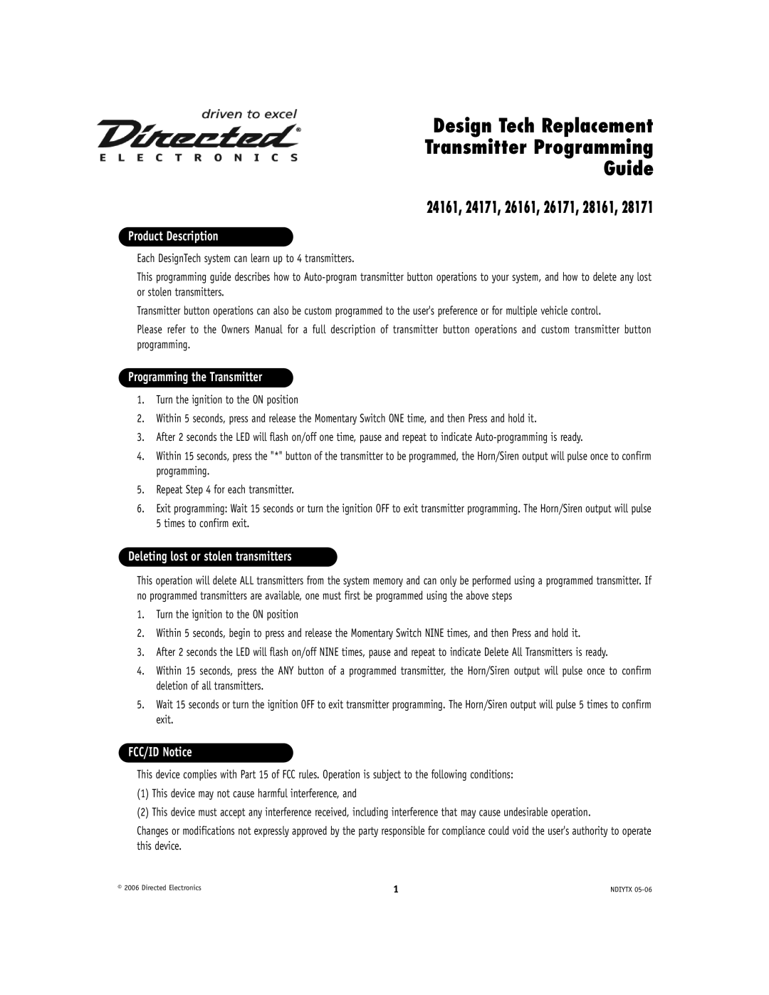 Directed Electronics 24161 owner manual Design Tech Replacement Transmitter Programming Guide 