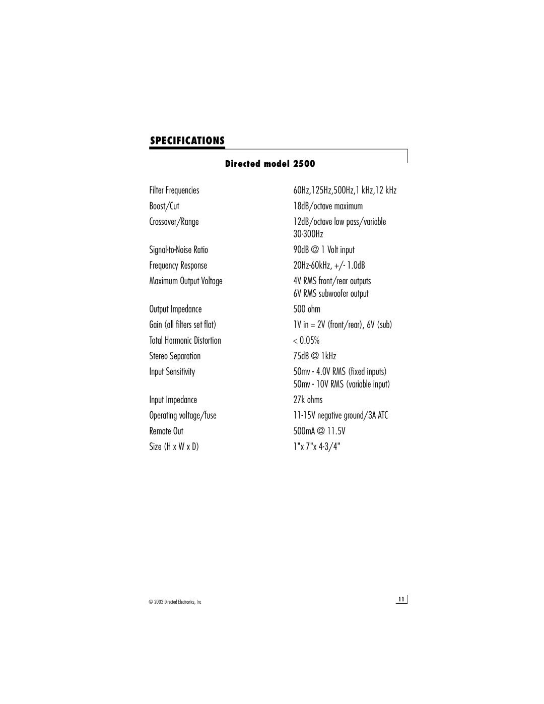 Directed Electronics 2500 manual Specifications 