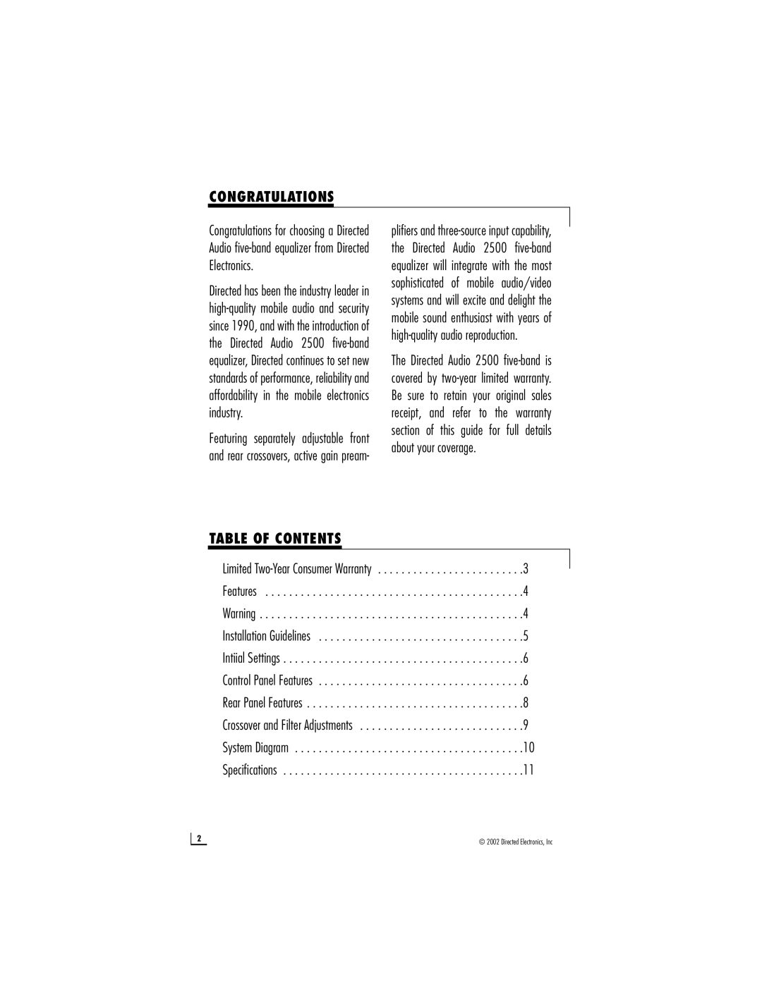 Directed Electronics 2500 manual Congratulations, Table of Contents 