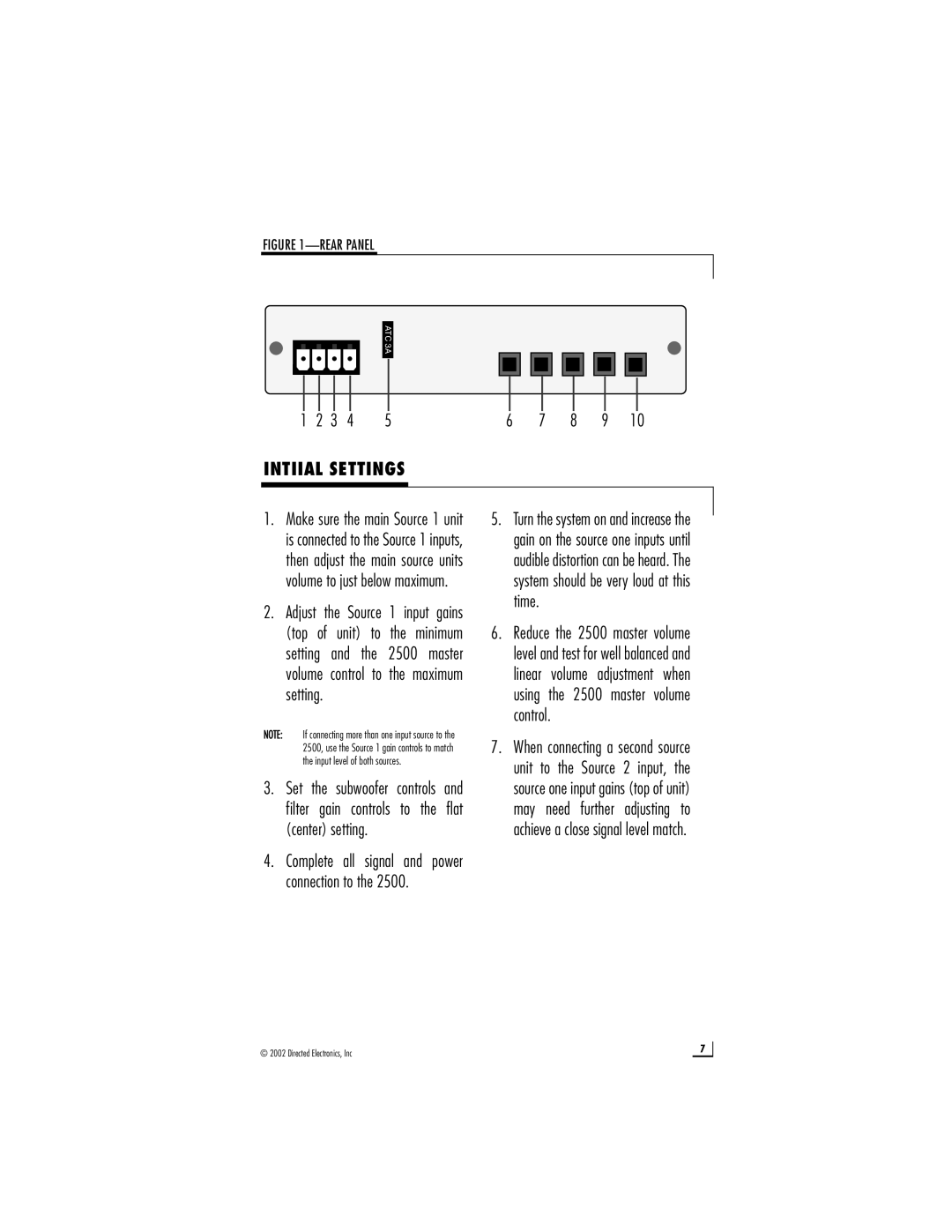 Directed Electronics 2500 manual Intiial Settings, Rear Panel 