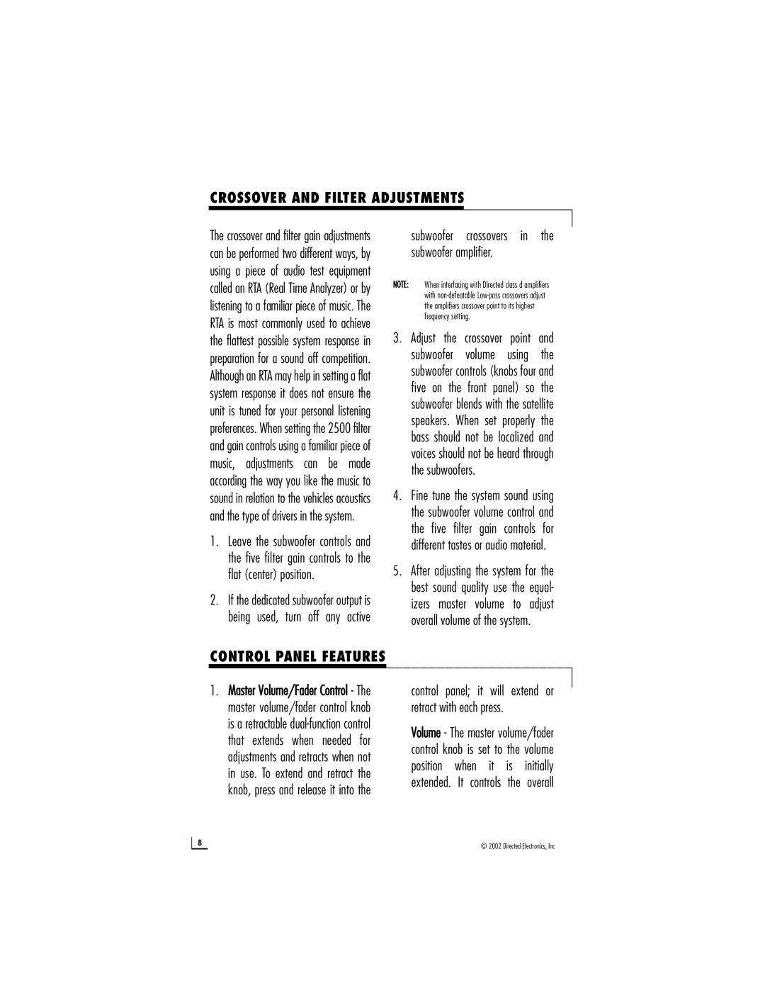 Directed Electronics 2500 manual Crossover and Filter Adjustments, Control Panel Features 