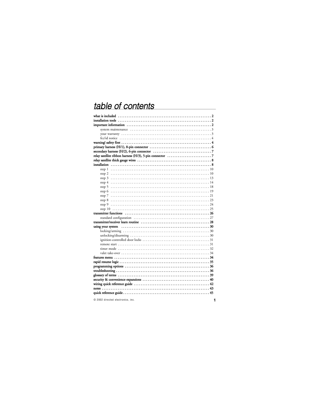 Directed Electronics 259D manual Table of contents 