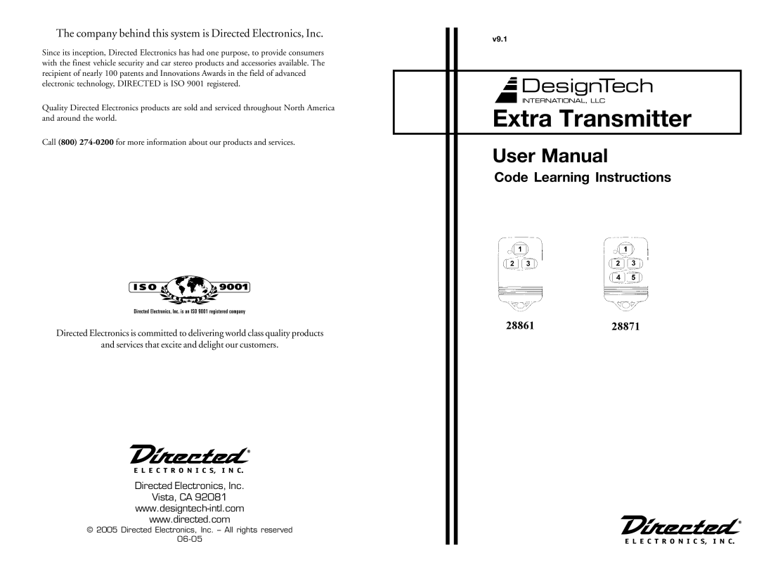 Directed Electronics user manual Extra Transmitter, Code Learning Instructions, 2886128871 