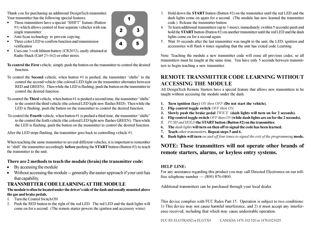 Directed Electronics 28861, 28871 user manual Transmitter Code Learningatthe Module, Help Line 