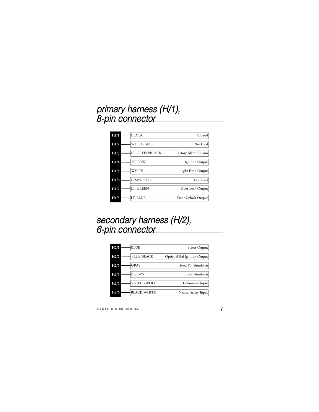 Directed Electronics 359D manual Secondary harness H/2, 6-pin connector, Primary harness H/1, 8-pin connector 