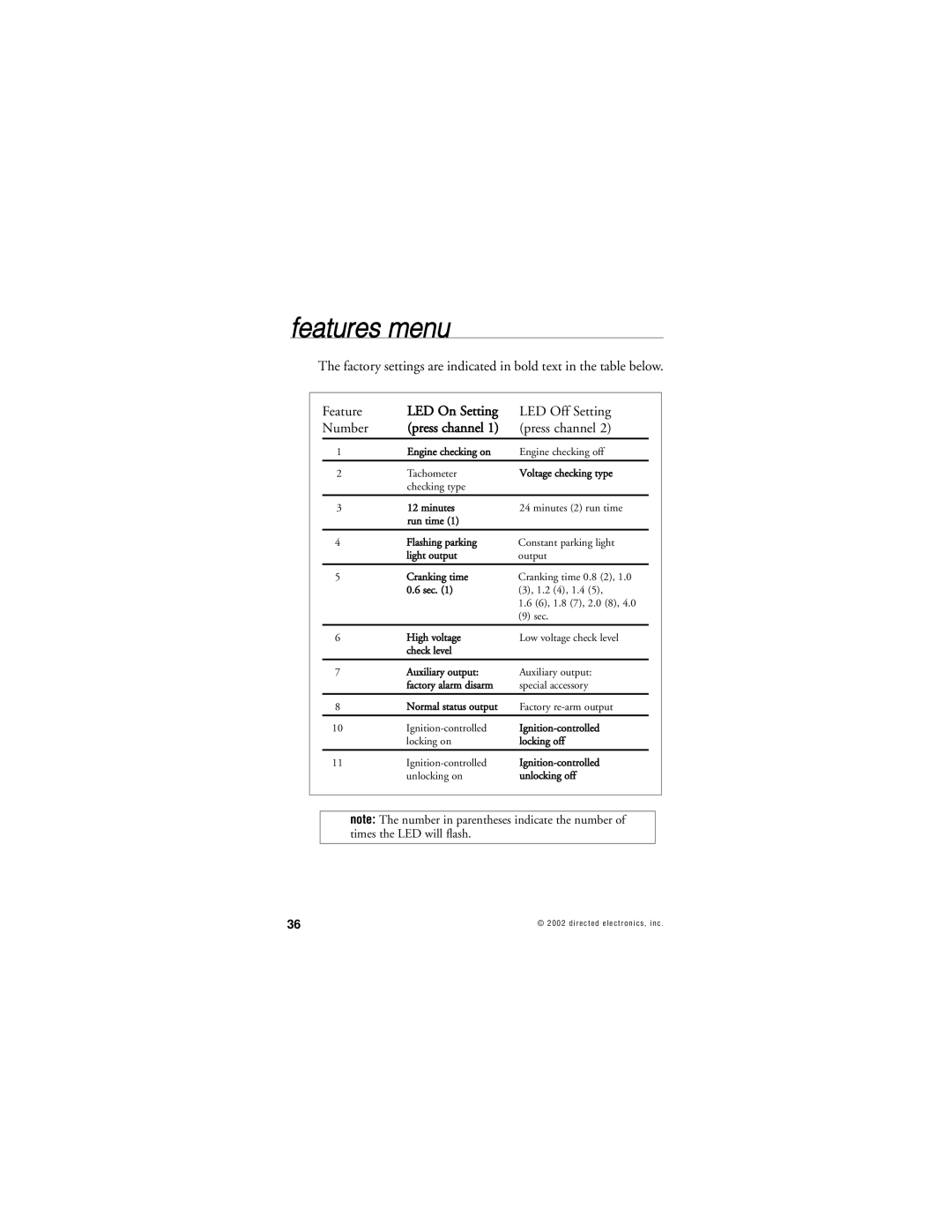 Directed Electronics 359D manual Features menu 