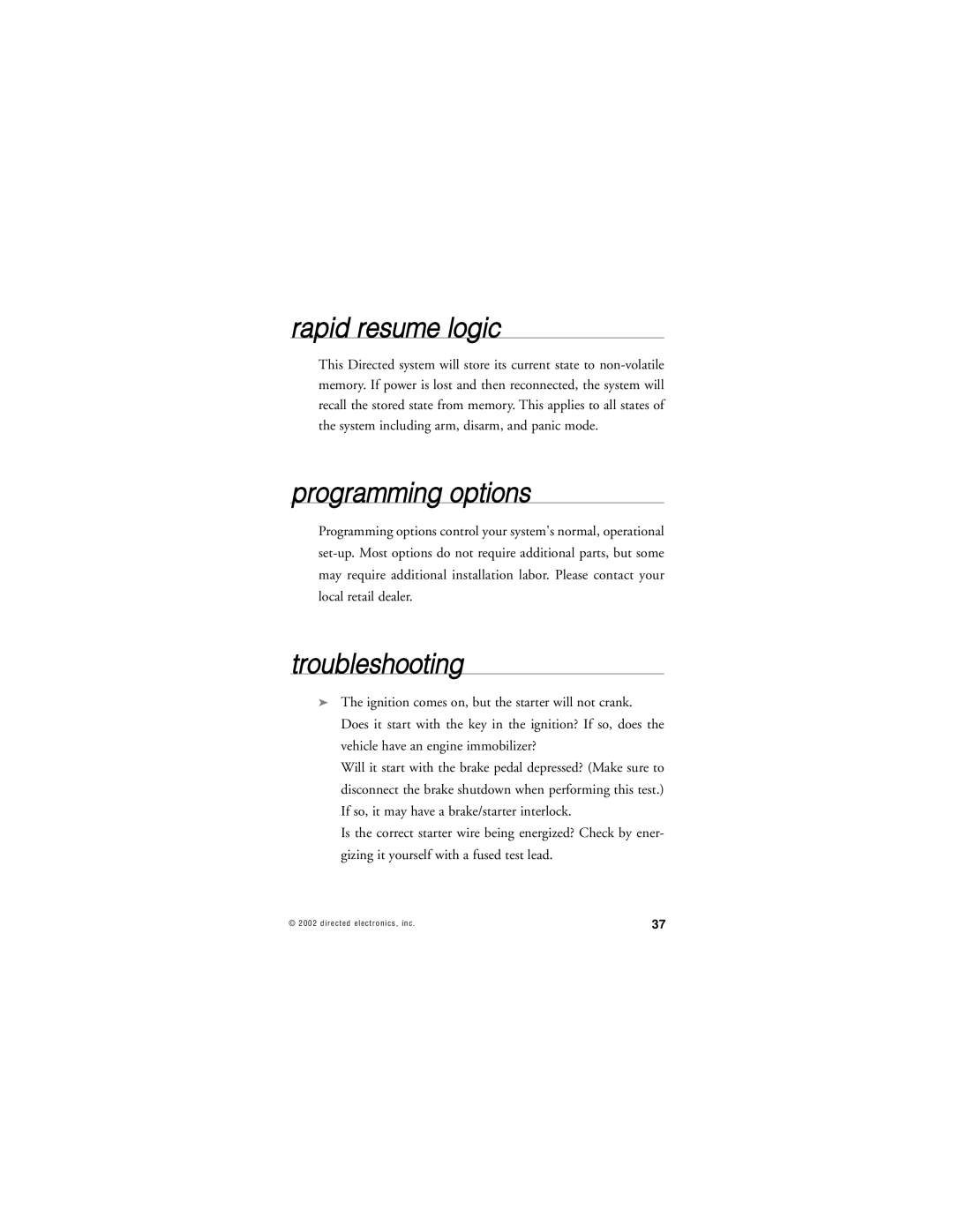 Directed Electronics 359D manual Rapid resume logic, Programming options, Troubleshooting 