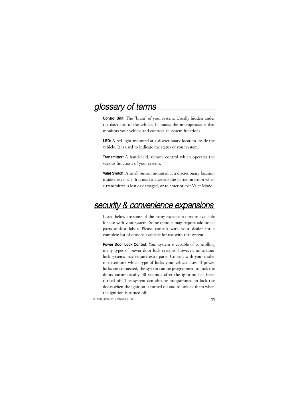 Directed Electronics 359D manual Glossary of terms, Security & convenience expansions 