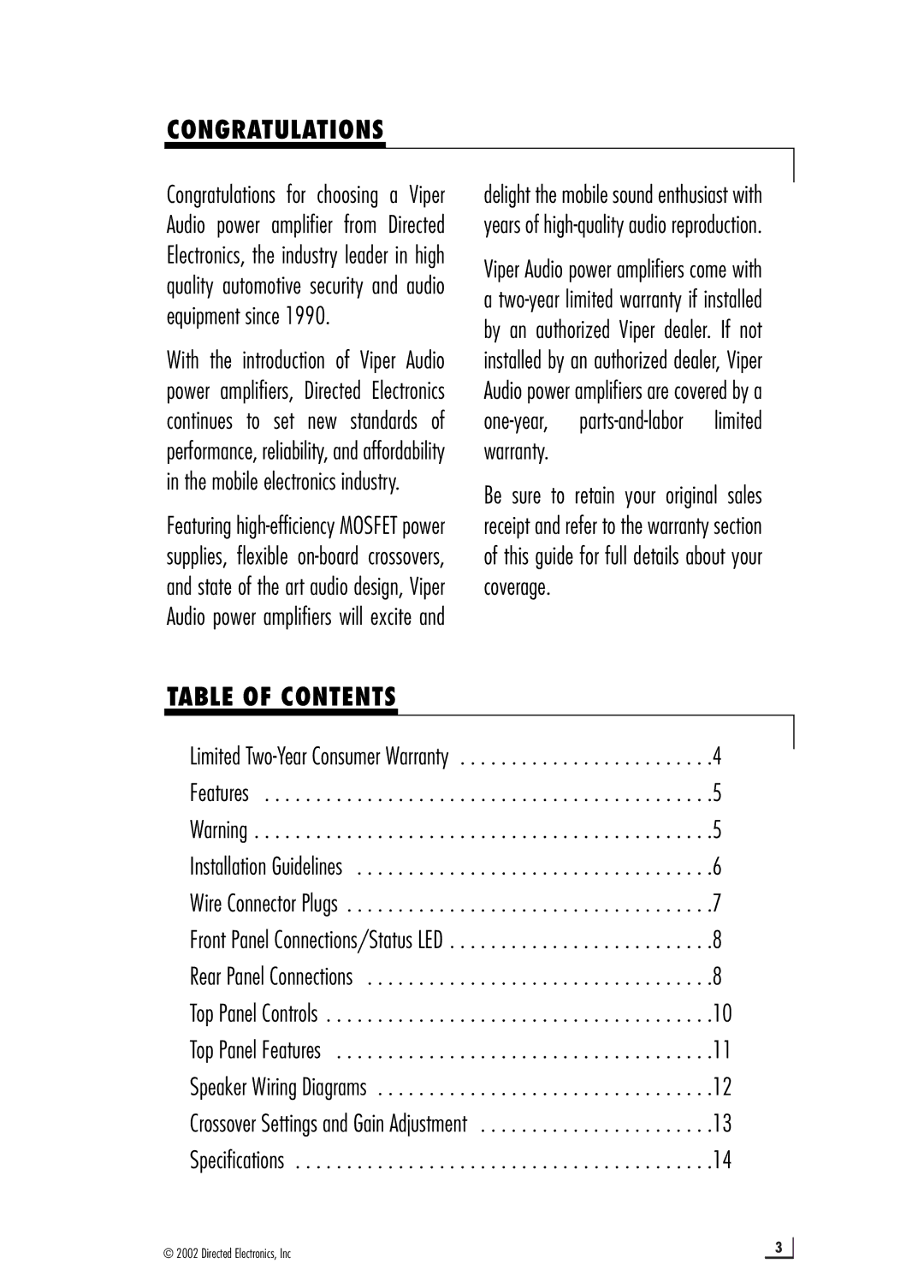 Directed Electronics 400.2 manual Congratulations, Table of Contents 