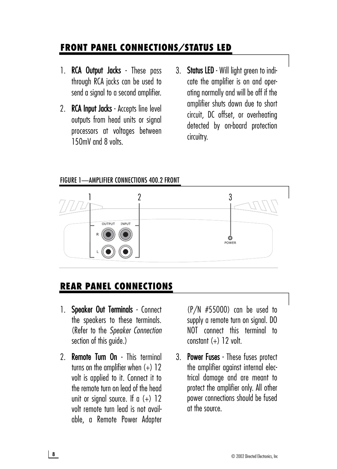 Directed Electronics 400.2 manual Front Panel CONNECTIONS/STATUS LED, Rear Panel Connections 