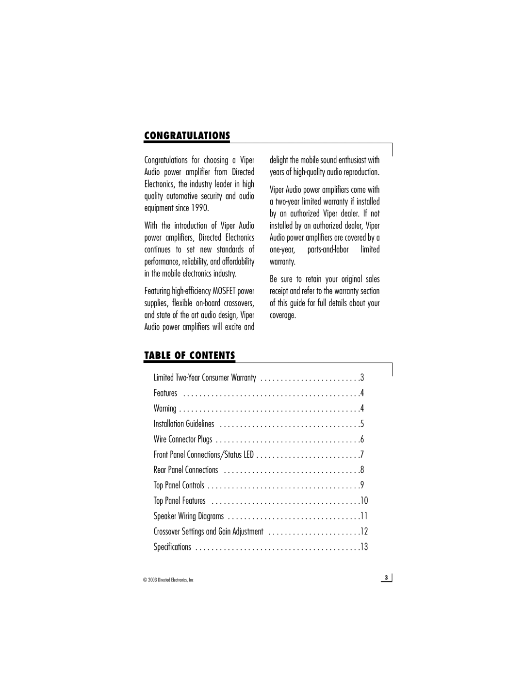 Directed Electronics 450.5 manual Congratulations, Table of Contents 