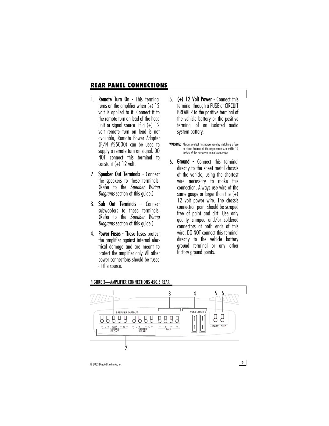 Directed Electronics manual Rear Panel Connections, Amplifier Connections 450.5 Rear 