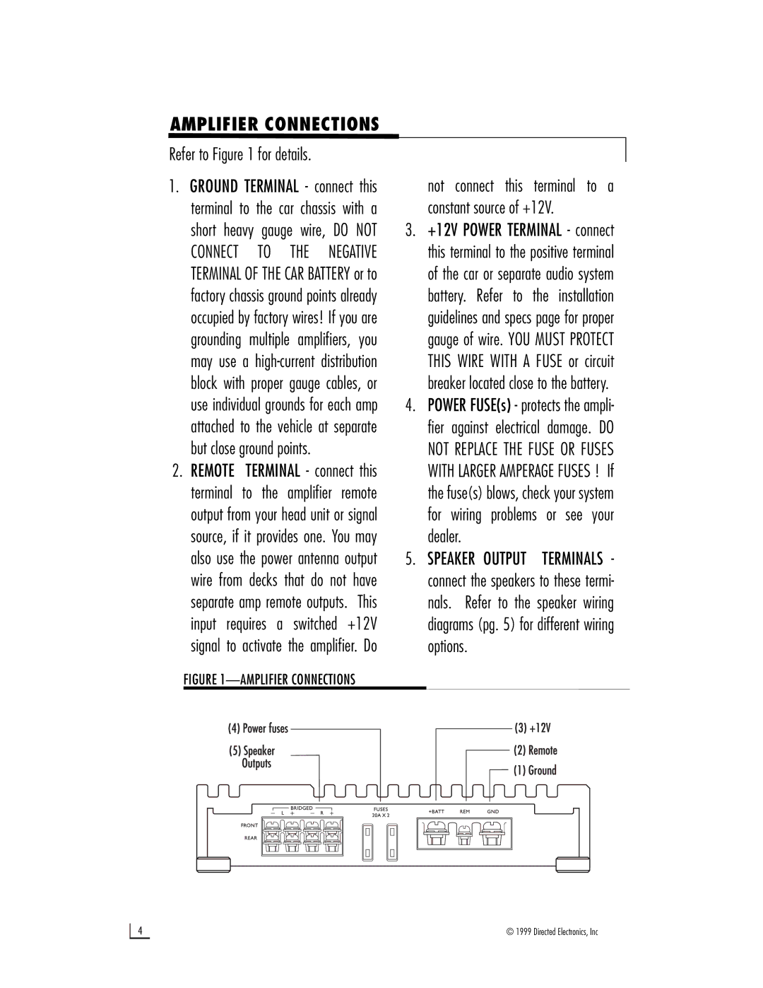 Directed Electronics 500 owner manual Amplifier Connections, Refer to for details 