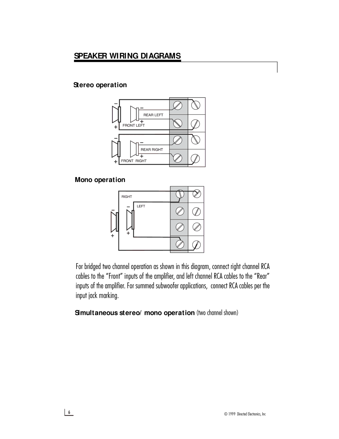 Directed Electronics 500 owner manual Speaker Wiring Diagrams, Stereo operation Mono operation 