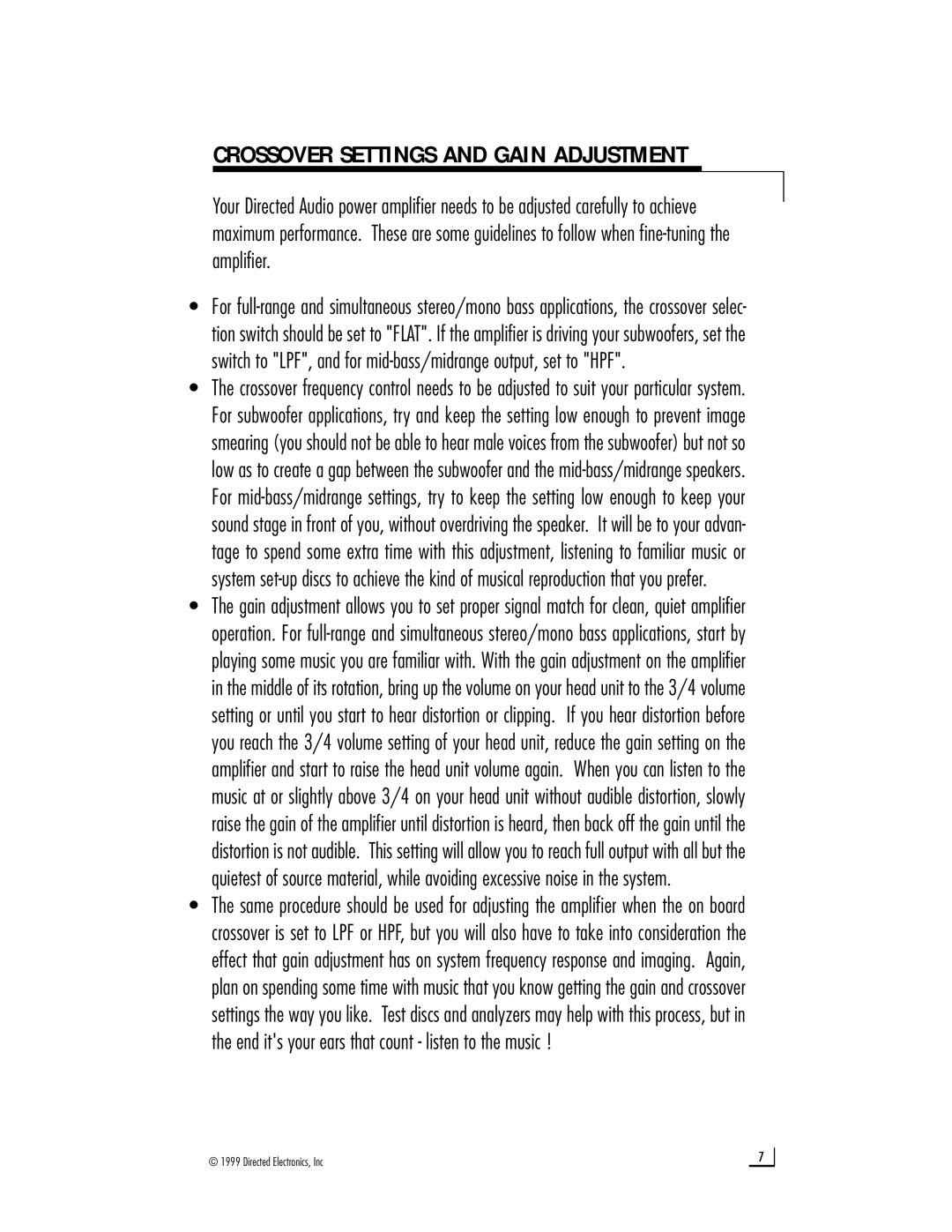 Directed Electronics 500 owner manual Crossover Settings and Gain Adjustment 