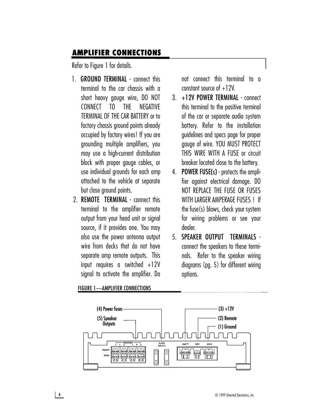 Directed Electronics 500 owner manual Amplifier Connections, Refer to for details 