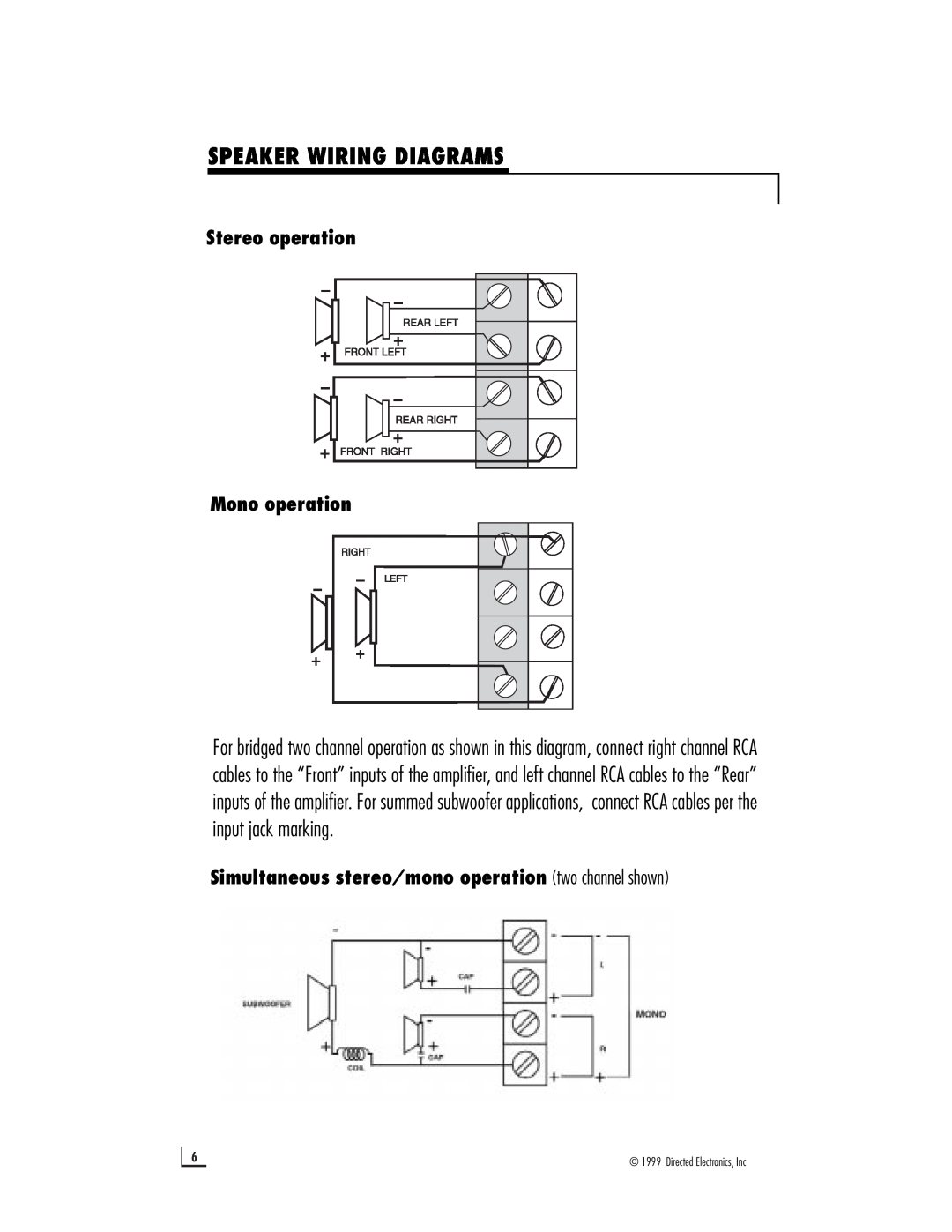 Directed Electronics 500 owner manual Speaker Wiring Diagrams, Stereo operation Mono operation 