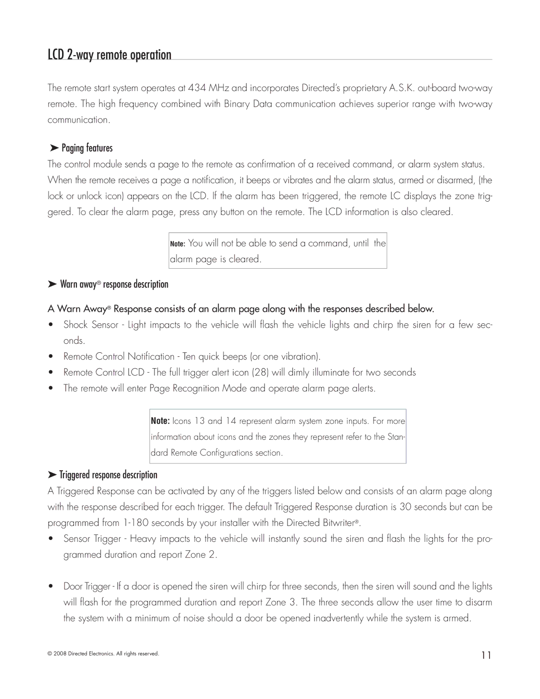 Directed Electronics 5303 manual LCD 2-way remote operation, Paging features, Warn away response description 