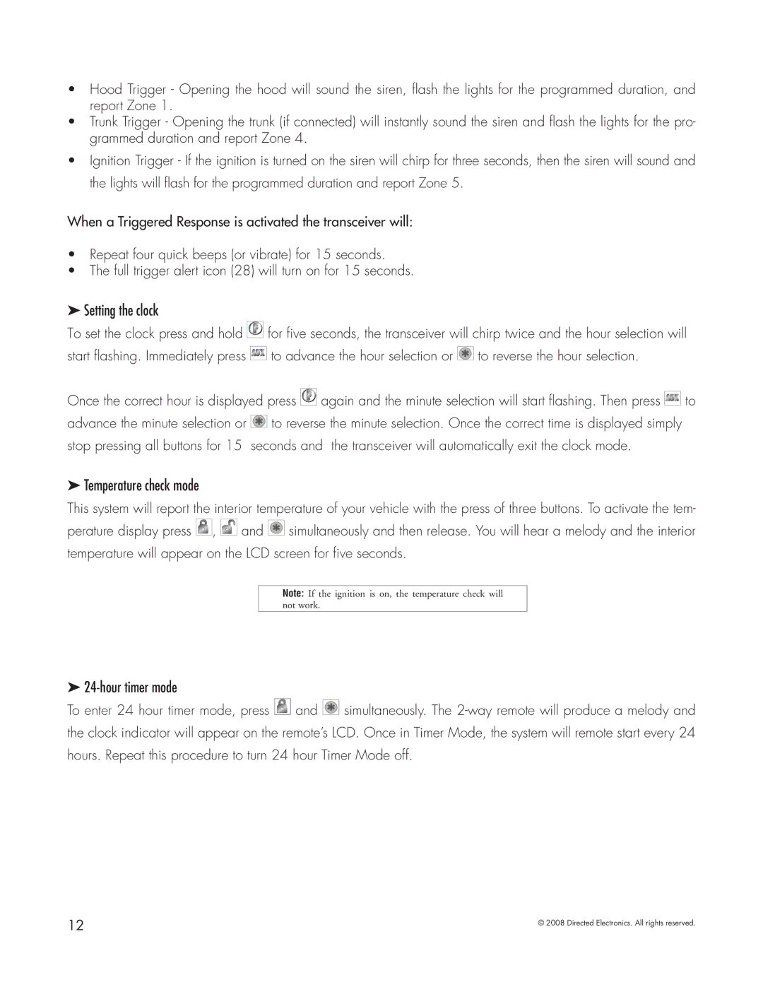 Directed Electronics 5303 manual Setting the clock, Temperature check mode, Hour timer mode 