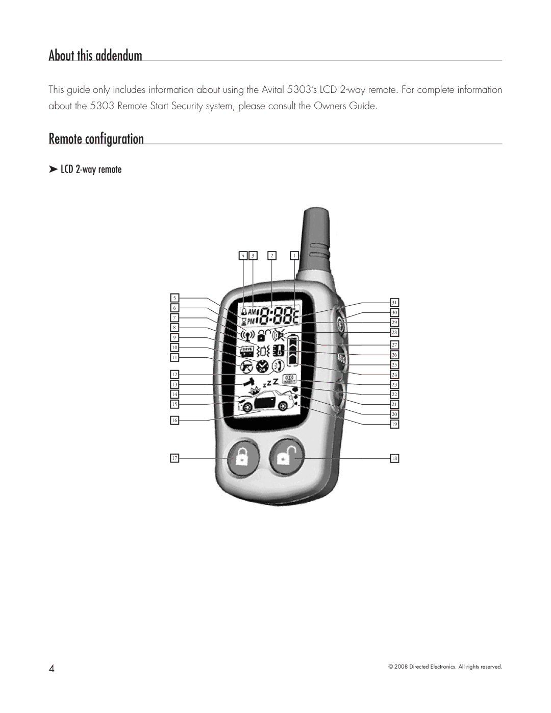 Directed Electronics 5303 manual About this addendum, Remote configuration, LCD 2-way remote 